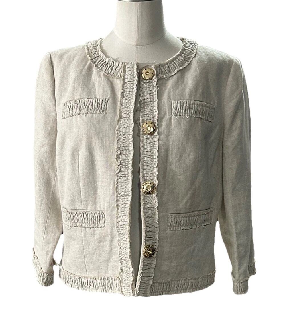 Michael Kors Linen Peplum Cropped Blazer Jacket Beige Gold Buttons Women's sz 6P